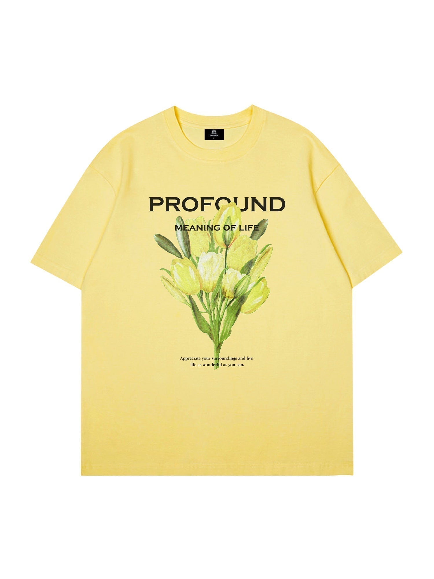 YELLOW FLOWER PRINT UNISEX COTTON T-SHIRT WITH PROFOUND LETTER DESIGN