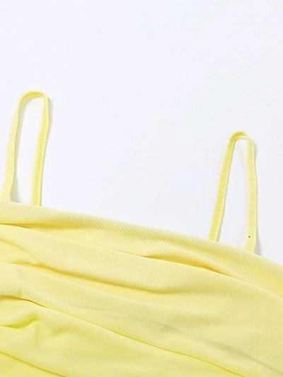 YELLOW MESH AND SATIN DRESS WITH SLIM FIT CAMI DESIGN