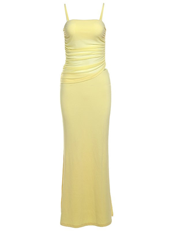 YELLOW MESH AND SATIN DRESS WITH SLIM FIT CAMI DESIGN