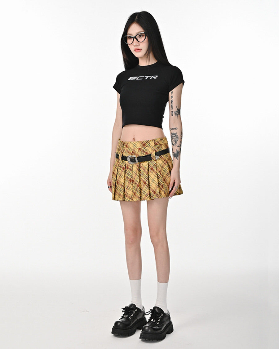 YELLOW PLAID PLEATED MINI SKIRT WITH BELT