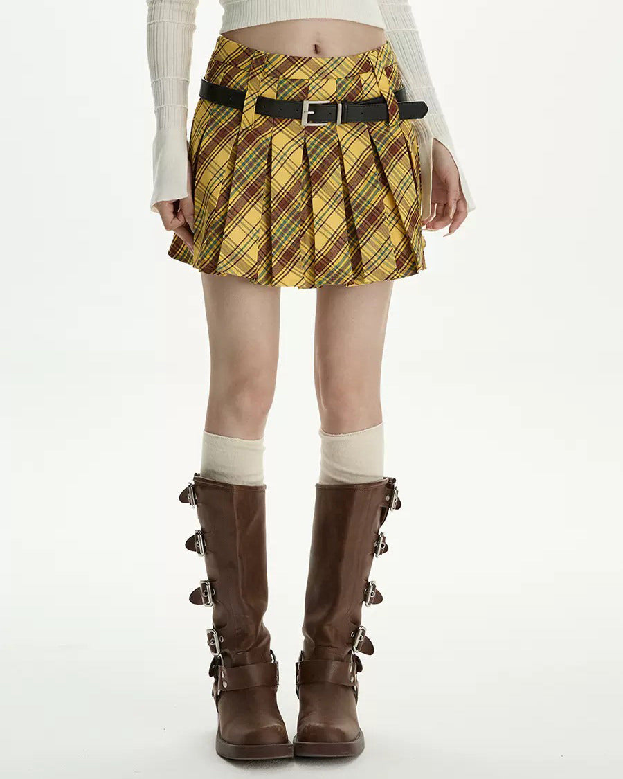 YELLOW PLAID PLEATED MINI SKIRT WITH BELT