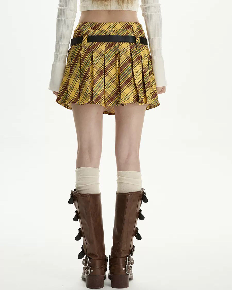 YELLOW PLAID PLEATED MINI SKIRT WITH BELT
