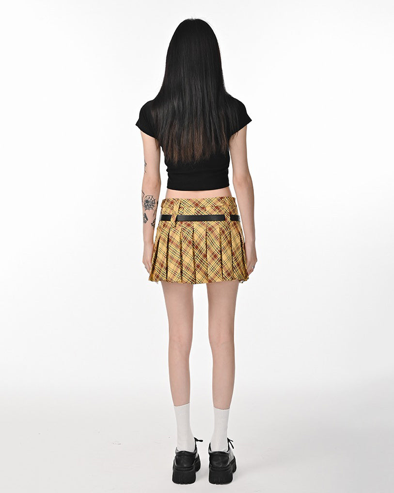 YELLOW PLAID PLEATED MINI SKIRT WITH BELT