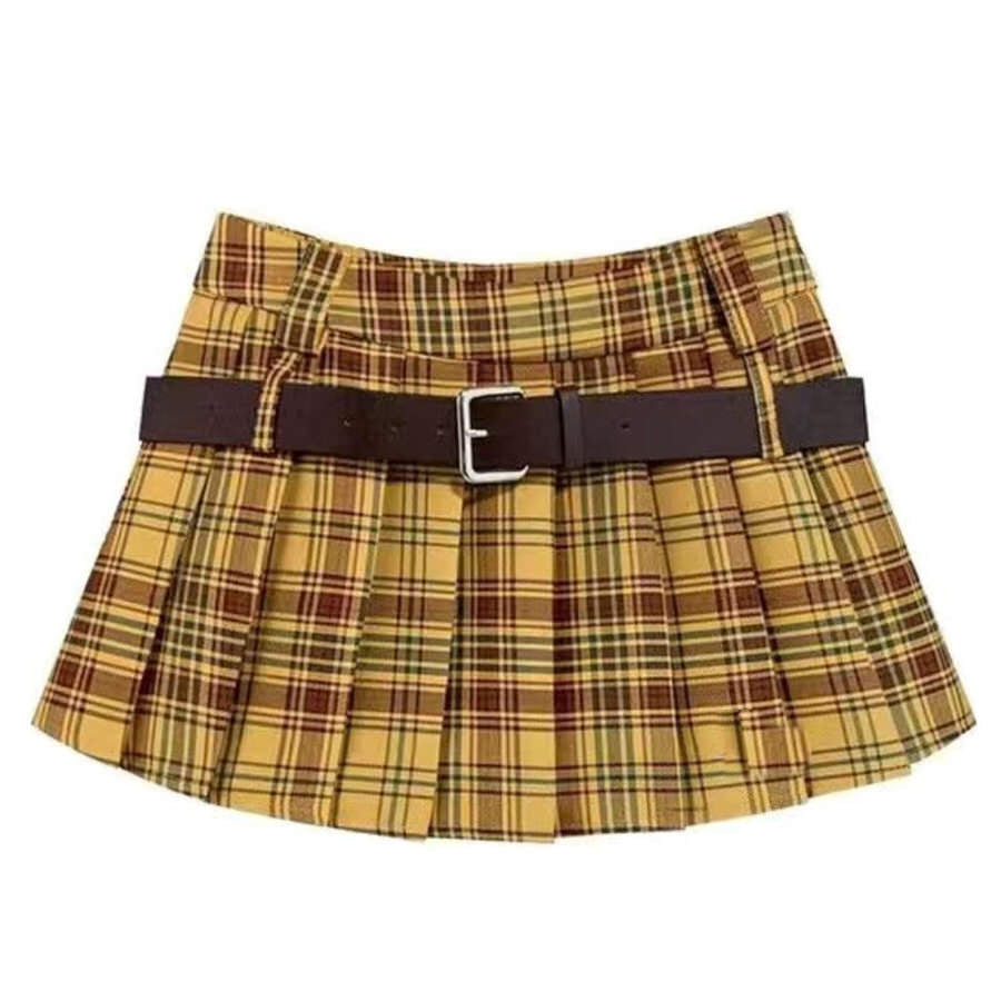YELLOW PLAID PLEATED MINI SKIRT WITH BELT