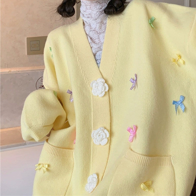 YELLOW ROSE-BOW COQUETTE CARDIGAN