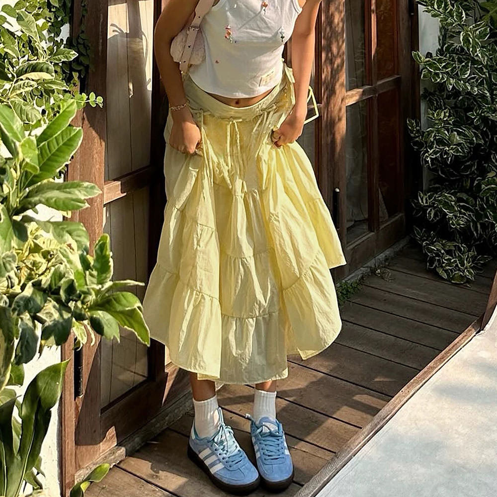 YELLOW TIERED MAXI SKIRT: PASTEL YELLOW DREAM