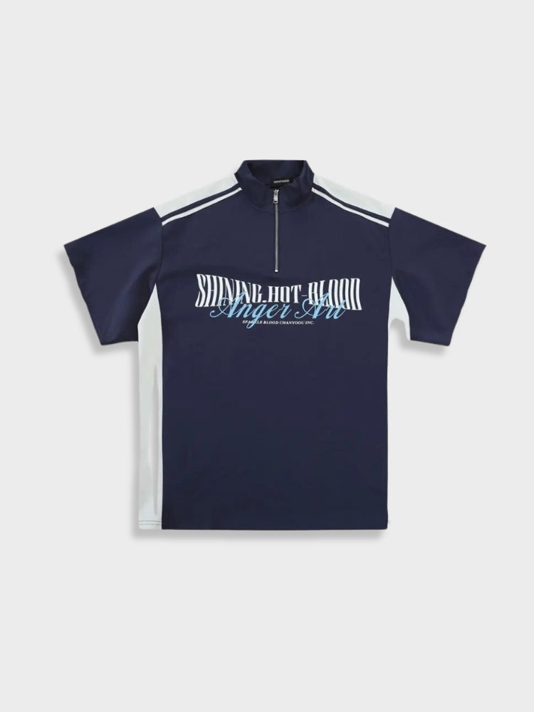 ZIPPER TEE SHIRT - BLACK AND WHITE STYLISH COTTON SHORT-SLEEVED TOP