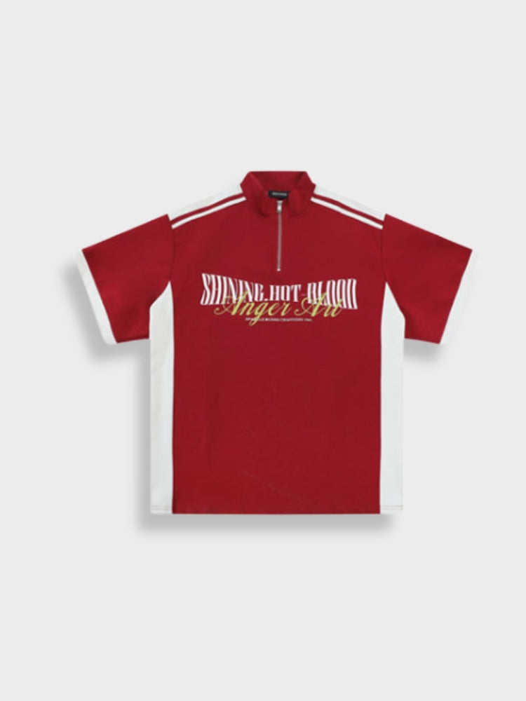 ZIPPER TEE SHIRT - BLACK AND WHITE STYLISH COTTON SHORT-SLEEVED TOP