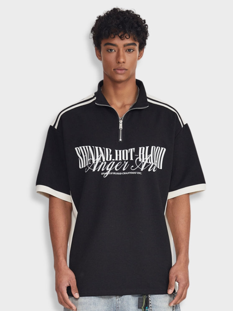 ZIPPER TEE SHIRT - BLACK AND WHITE STYLISH COTTON SHORT-SLEEVED TOP